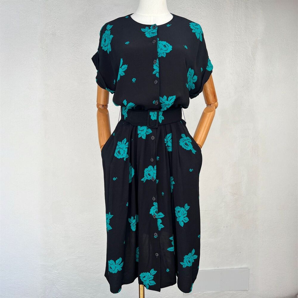 Vintage Black & Teal Floral Rayon Secretary Dress Pockets & Matching Belt Sz 8